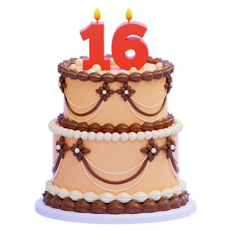 Birthday Cake with Number 16 Candle  3D Icon