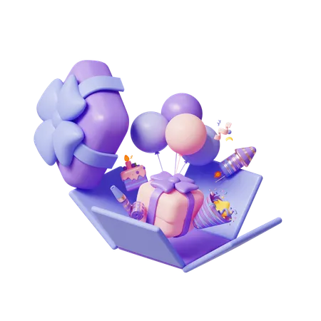 An Open Gift With A Cake And A Sparkler And Balloons 3D Icon