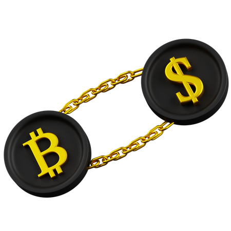Bit coin Conected with Dollar  on golden chain  3D Icon