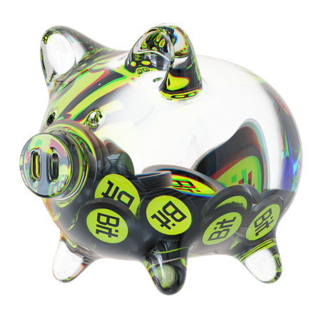 Kleines Sparschwein aus klarem Glas mit abnehmendem Stapel an Kryptomünzen  3D Icon