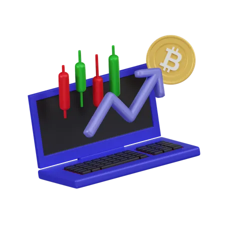 3 D Illustration Of A Laptop Displaying Stock Market Candlestick Charts And A Bitcoin Symbolizing Cryptocurrency Trading Activities 3D Icon
