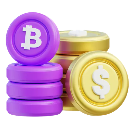 3 D Stacks Of Bitcoin Coins Alongside Traditional Gold Dollar Coins Illustrating The Blend Of Modern Digital And Classic Monetary Investments For Diversified Financial Portfolios 3D Icon