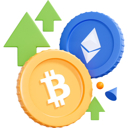 Bitcoin And Ethereum Coins With Green Up Arrow  3D Icon