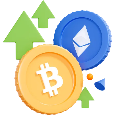 Bitcoin And Ethereum Coins With Green Up Arrow  3D Icon