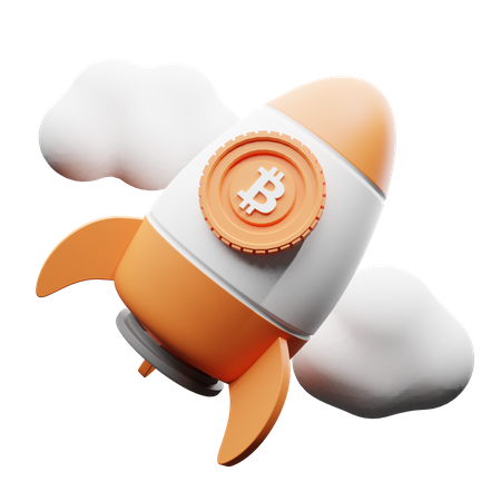 Foguete Bitcoin nas nuvens  3D Illustration