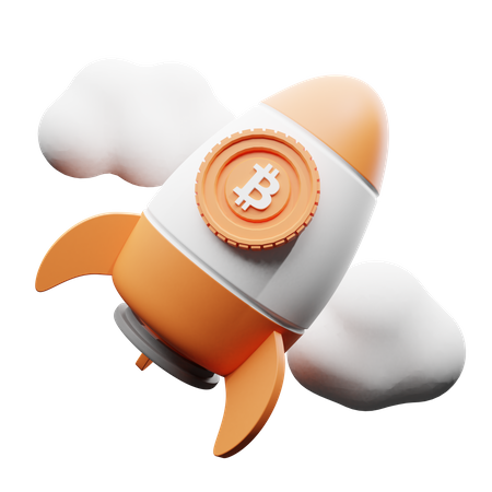 Fusée Bitcoin dans les nuages  3D Illustration