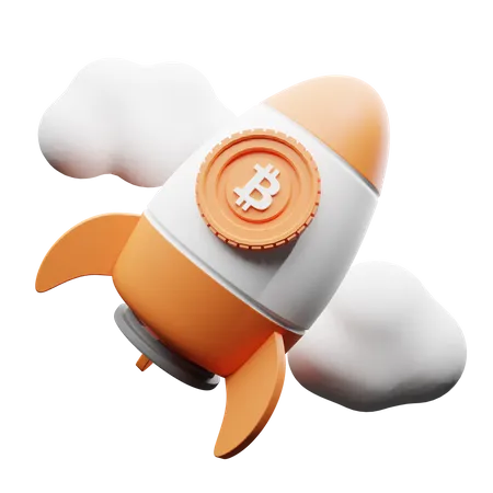 Fusée Bitcoin dans les nuages  3D Illustration