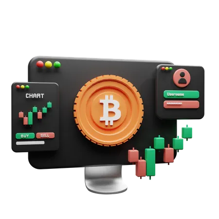 Eine Bitcoin Handelswebsite Mit Anmeldefenster Einem Riesigen Bitcoin Und Einigen Diagrammen 3D Illustration