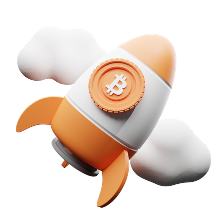 Bitcoin rocket in clouds 3D Illustration