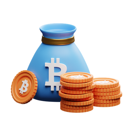 Bitcoin-Tasche mit Bitcoin-Stapel  3D Illustration