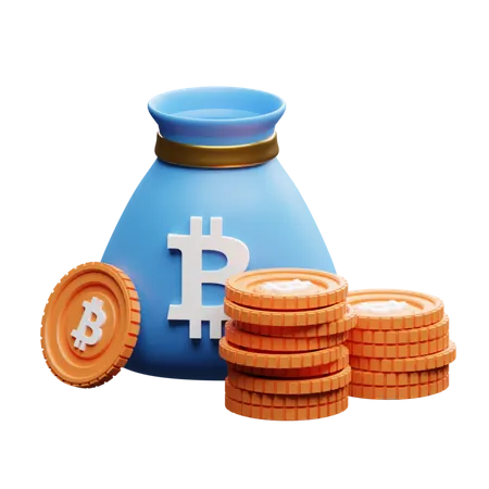 Bitcoin-Tasche mit Bitcoin-Stapel  3D Illustration