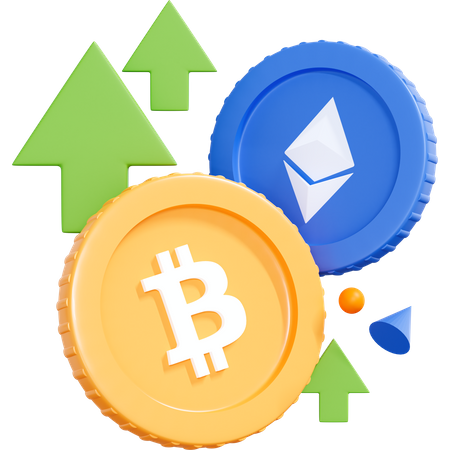 Bitcoin und Ethereum Münzen mit grünem Pfeil nach oben  3D Icon