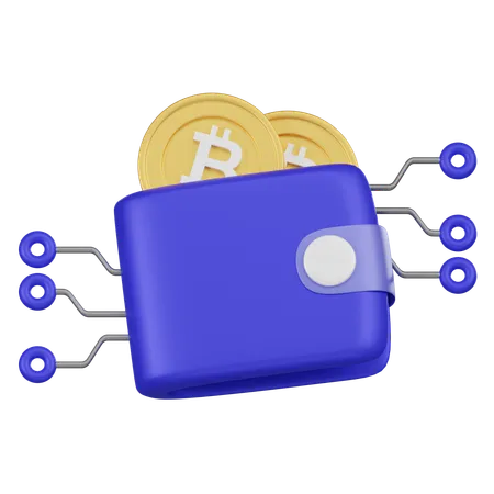 A 3 D Illustration Of A Blue Digital Wallet Connected To A Circuit With Bitcoin Coins Emerging Representing A Cryptocurrency Wallet 3D Icon