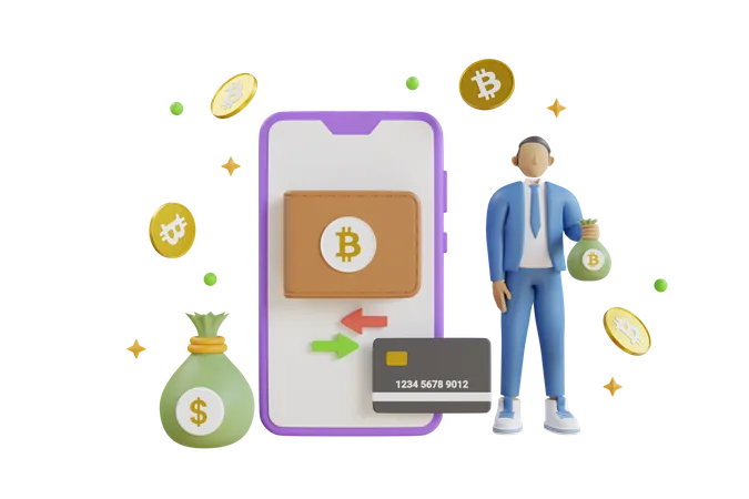 Bitcoin Wallet With Coins And Cash Isolated On Purple Background Trade Bitcoin On Mobile Through The System Cryptocurrency Perspective Illustration About Crypto Coins 3 D Rendering 3D Illustration