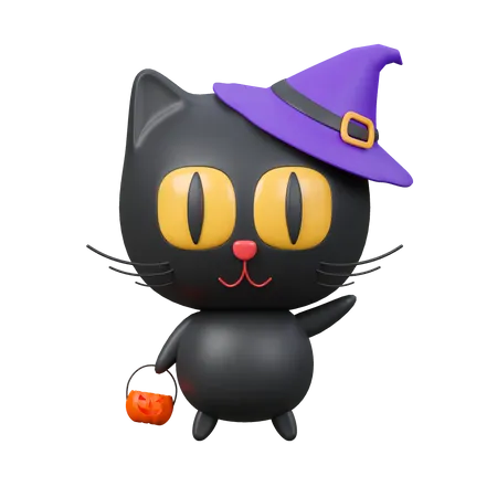 Black Cat With Witchs Hat Holding Jack O Lantern Basket 3 D Icon 3D Icon