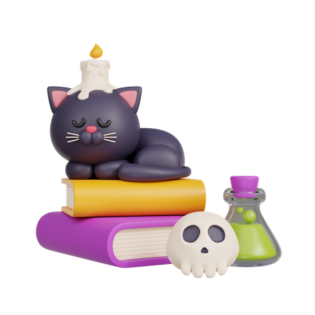 Black Cat Sleeping On Books  3D Illustration