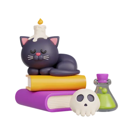 Black Cat Sleeping On Books  3D Illustration