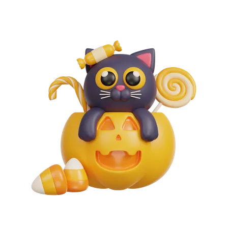 Black Cat With Halloween Candy  3D Illustration