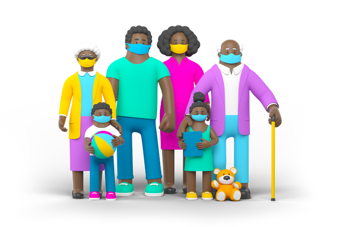 Black family wearing mask  3D Illustration