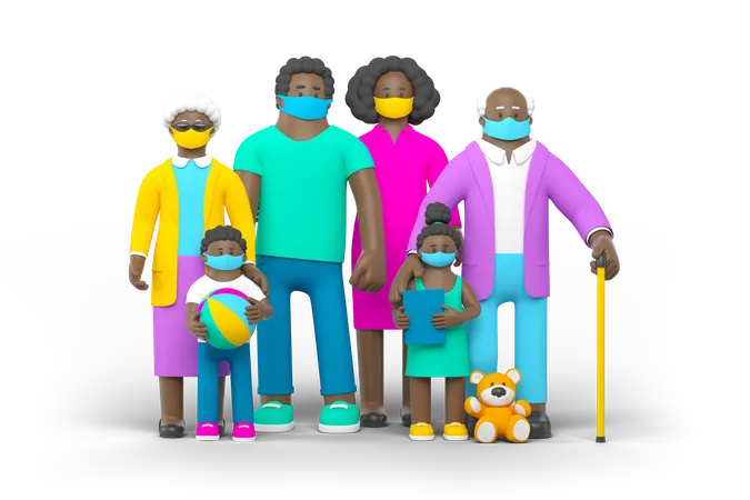 Black family wearing mask  3D Illustration