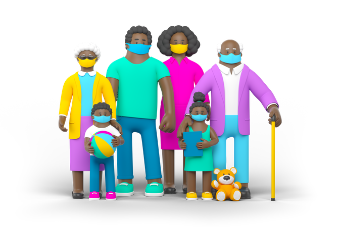 Black family wearing mask 3D Illustration
