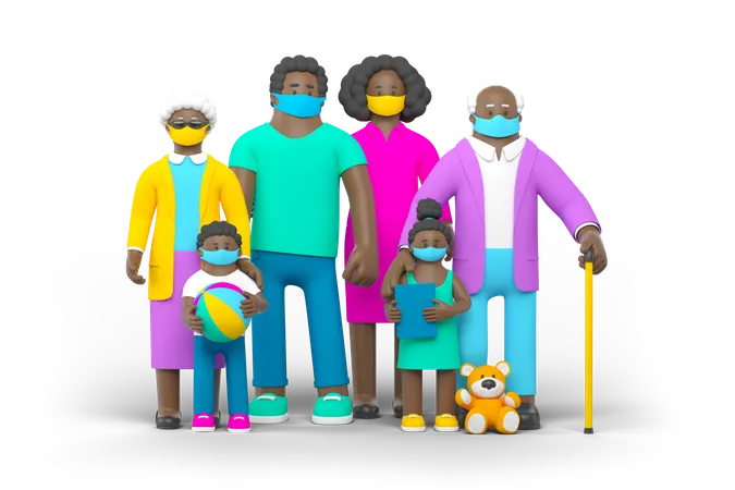 Black family wearing mask 3D Illustration