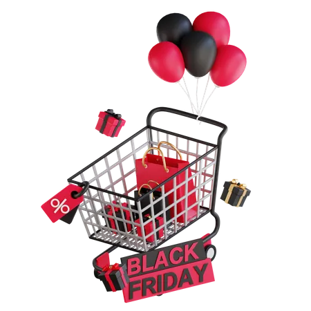 Black friday balloons with cart  3D Illustration