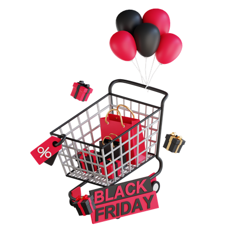 Black friday balloons with cart 3D Illustration