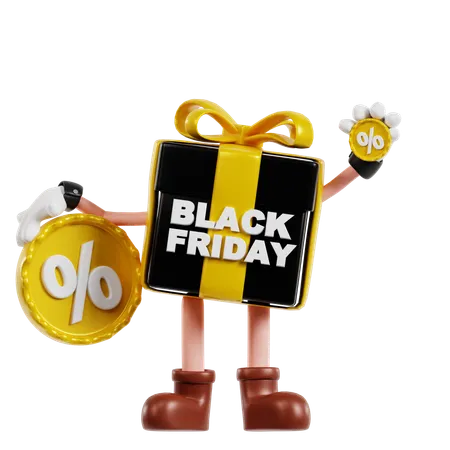 Personnage de cadeau du vendredi noir avec badge de réduction  3D Illustration