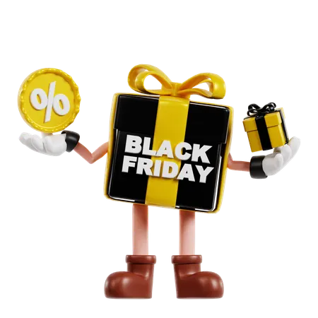 Personnage de cadeau du vendredi noir avec badge de réduction  3D Illustration