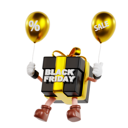 Personnage de cadeau du vendredi noir avec des ballons à prix réduit  3D Illustration