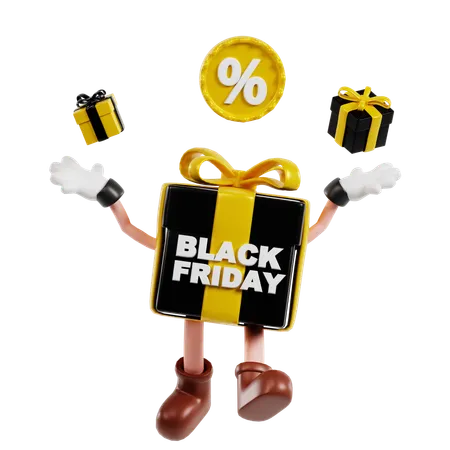 Personnage de cadeau du vendredi noir avec boîte cadeau  3D Illustration