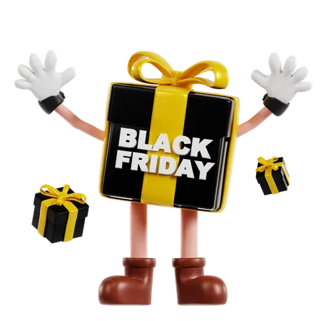 Personnage de cadeau du vendredi noir avec boîte cadeau  3D Illustration