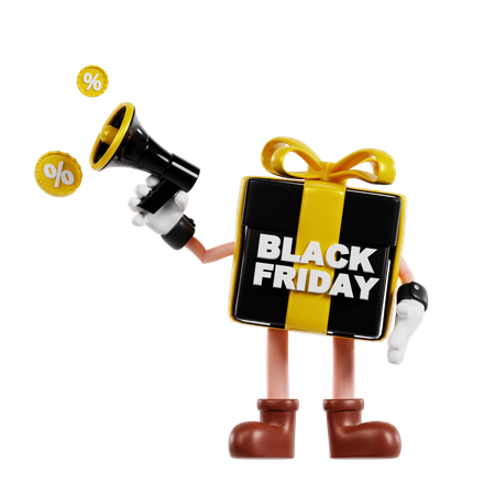 Personnage de cadeau du vendredi noir faisant de la promotion  3D Illustration