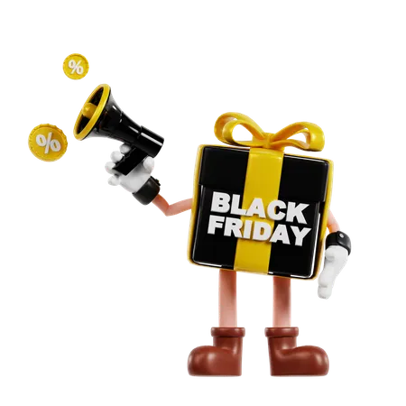 Personnage de cadeau du vendredi noir faisant de la promotion  3D Illustration