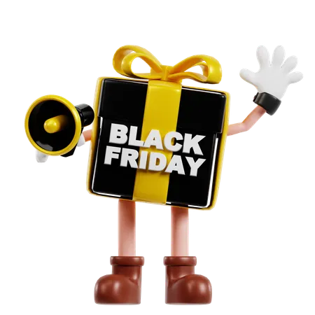 Personnage de cadeau du vendredi noir tenant un mégaphone  3D Illustration