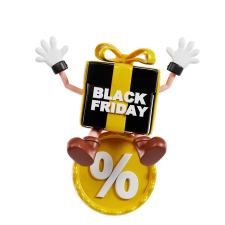 3 D Black Friday Box Character Sit Discount Label 3D Illustration