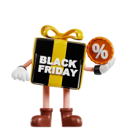 3 D Black Friday Box Character Bring A Discount Label 3D Illustration