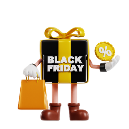 Black Friday Gift Character With Discount Badge And Shopping Bag  3D Illustration