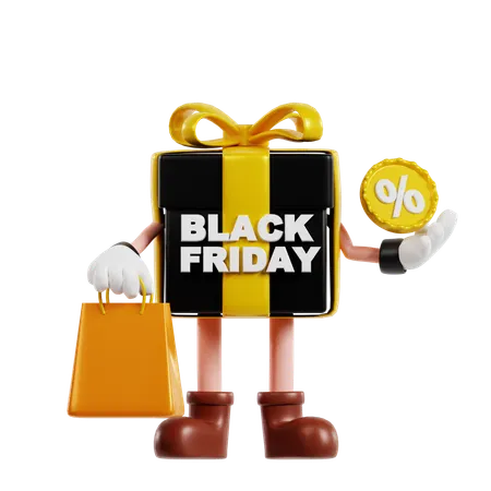 3 D Black Friday Box Character Bring Shopping Bag 3D Illustration