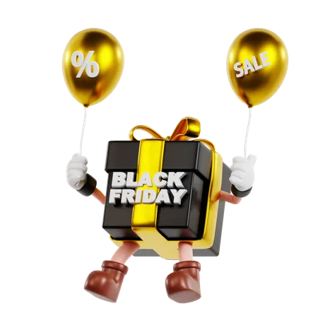3 D Black Friday Box Character Fly With Balloon 3D Illustration