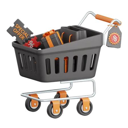 3 D Rendering Trolley Black Friday Isolated Useful For Sale Discount Advertising Promo And Marketing 3D Icon