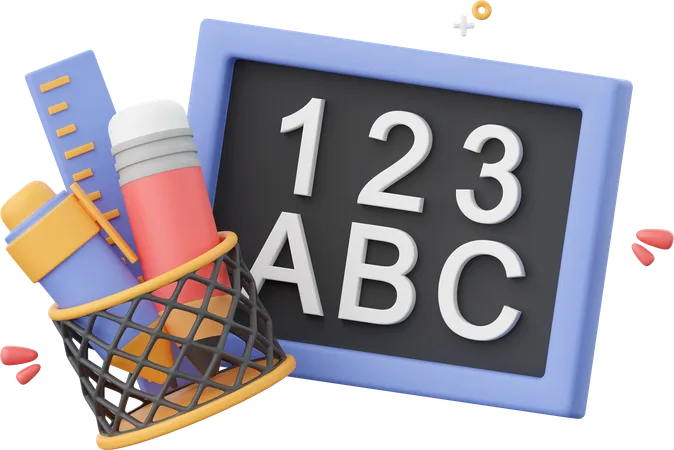 Blackboard With Stationery 3 D Illustration Elements Of School Supplies 3D Icon
