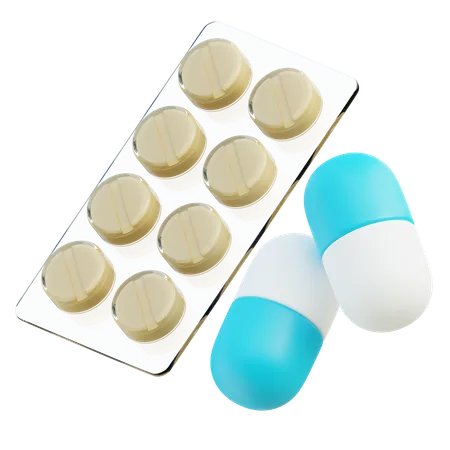 A 3 D Illustration Of A Blister Pack With Beige Pills And Two Large Blue And White Capsules Perfect For Medical And Pharmaceutical Content 3D Icon