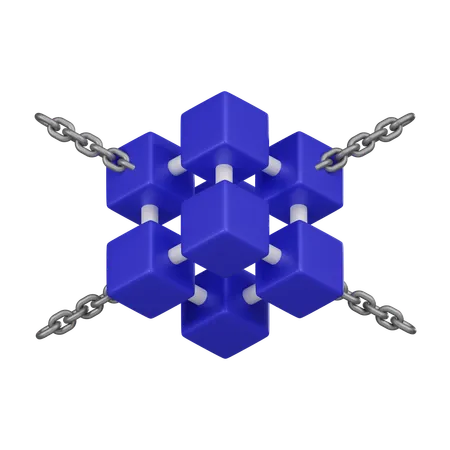 Digital Illustration Of A Conceptual Blockchain Network Depicted With Blue 3 D Blocks And Metallic Chains 3D Icon