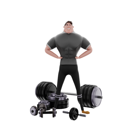 Bodybuilder montrant les biceps dans une salle de sport  3D Illustration