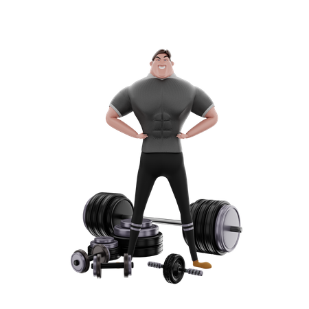 Bodybuilder Showing Biceps in Gym  3D Illustration