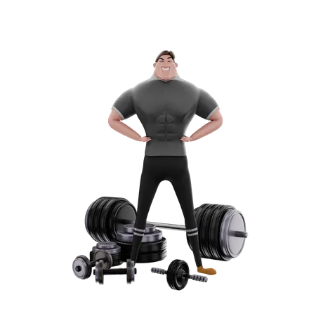 Bodybuilder Showing Biceps in Gym  3D Illustration