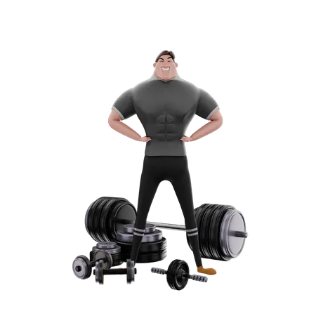 Bodybuilder zeigt Bizeps im Fitnessstudio  3D Illustration