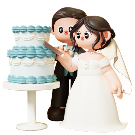 Casal de noivos cortando bolo  3D Illustration